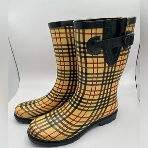 Forever Young Plaid Tall Rain Boots | Yellow & Black Check Women's Size 8